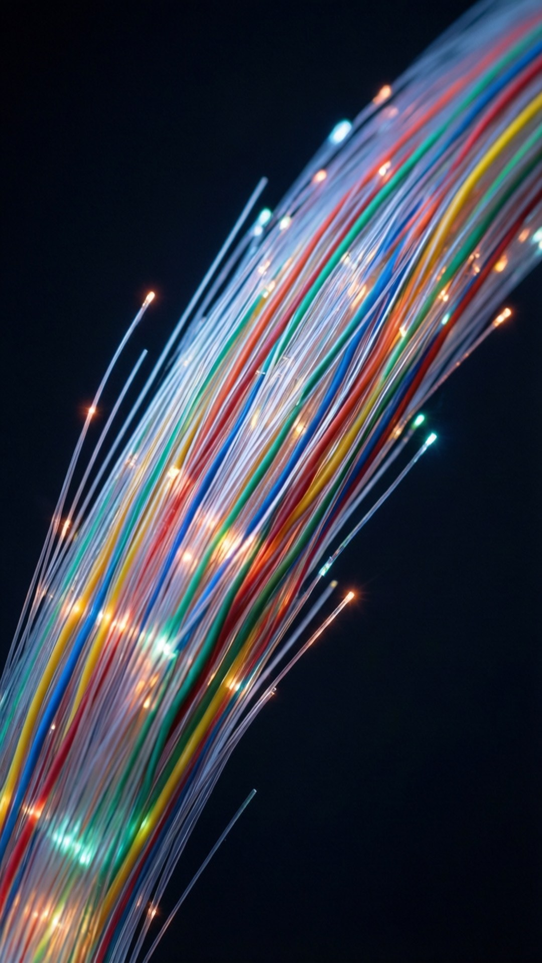 A macro view of fiber optic cable with colorful light pulses.