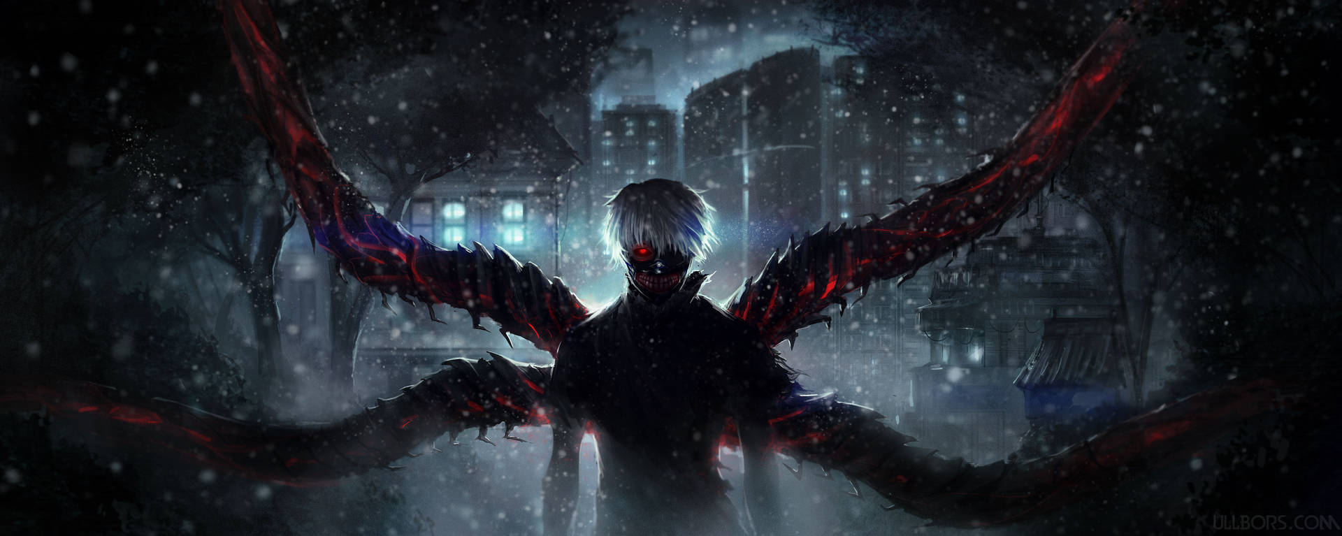 Kaneki Ken unleashes his ghoul powers and stares down his opponents on the battlefield Wallpaper