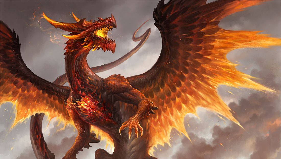 Fierce Mighty Dragon With Fire Wings Wallpaper