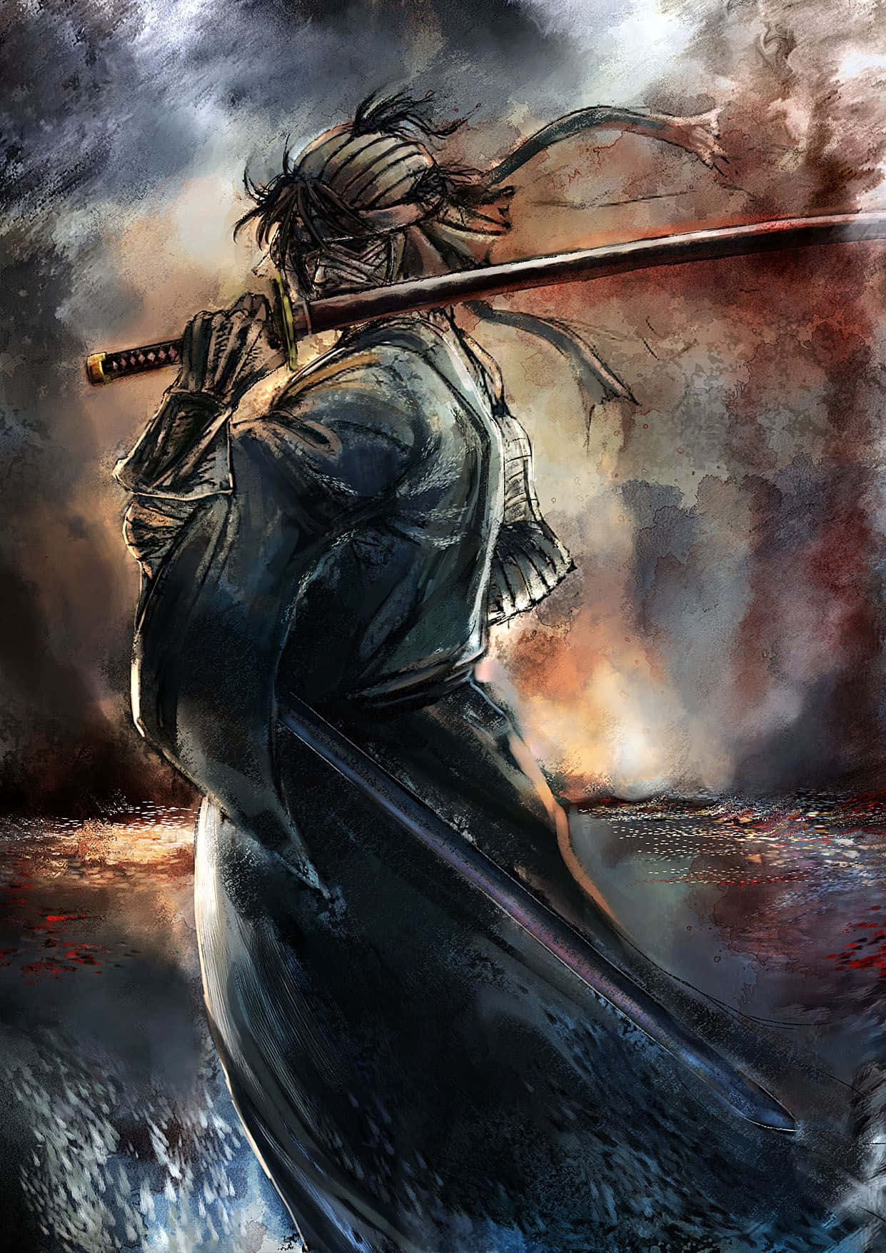 Fierce Samurai Makoto Shishio In Fiery Background Wallpaper