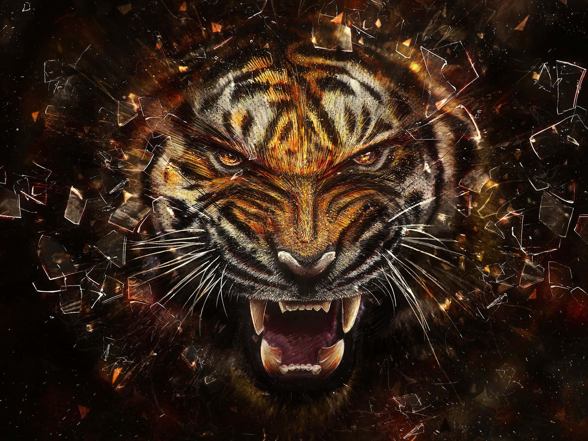Fierce Tiger Shattering Glass Wallpaper