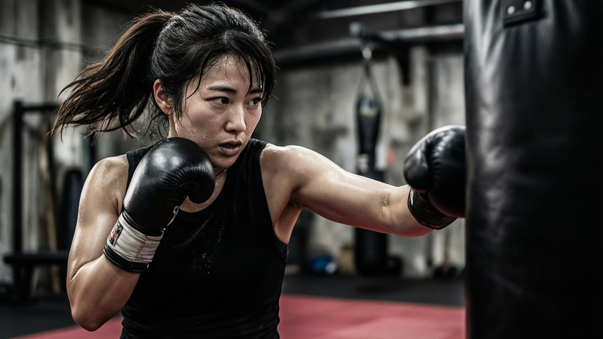 Rin Obami tränar intensivt i ett gym och slår en boxningssäck.
