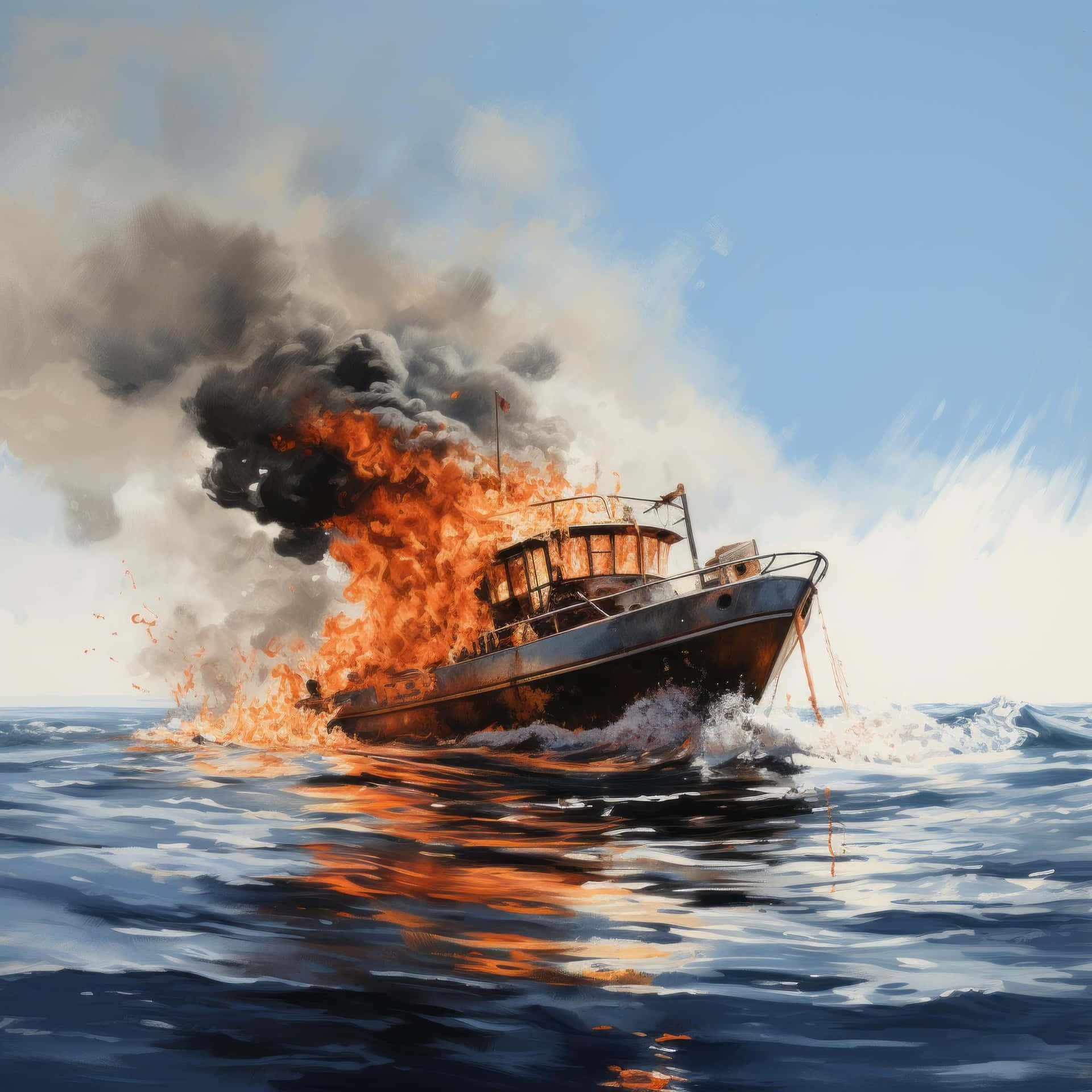 Fiery Boat Demise At Sea Wallpaper