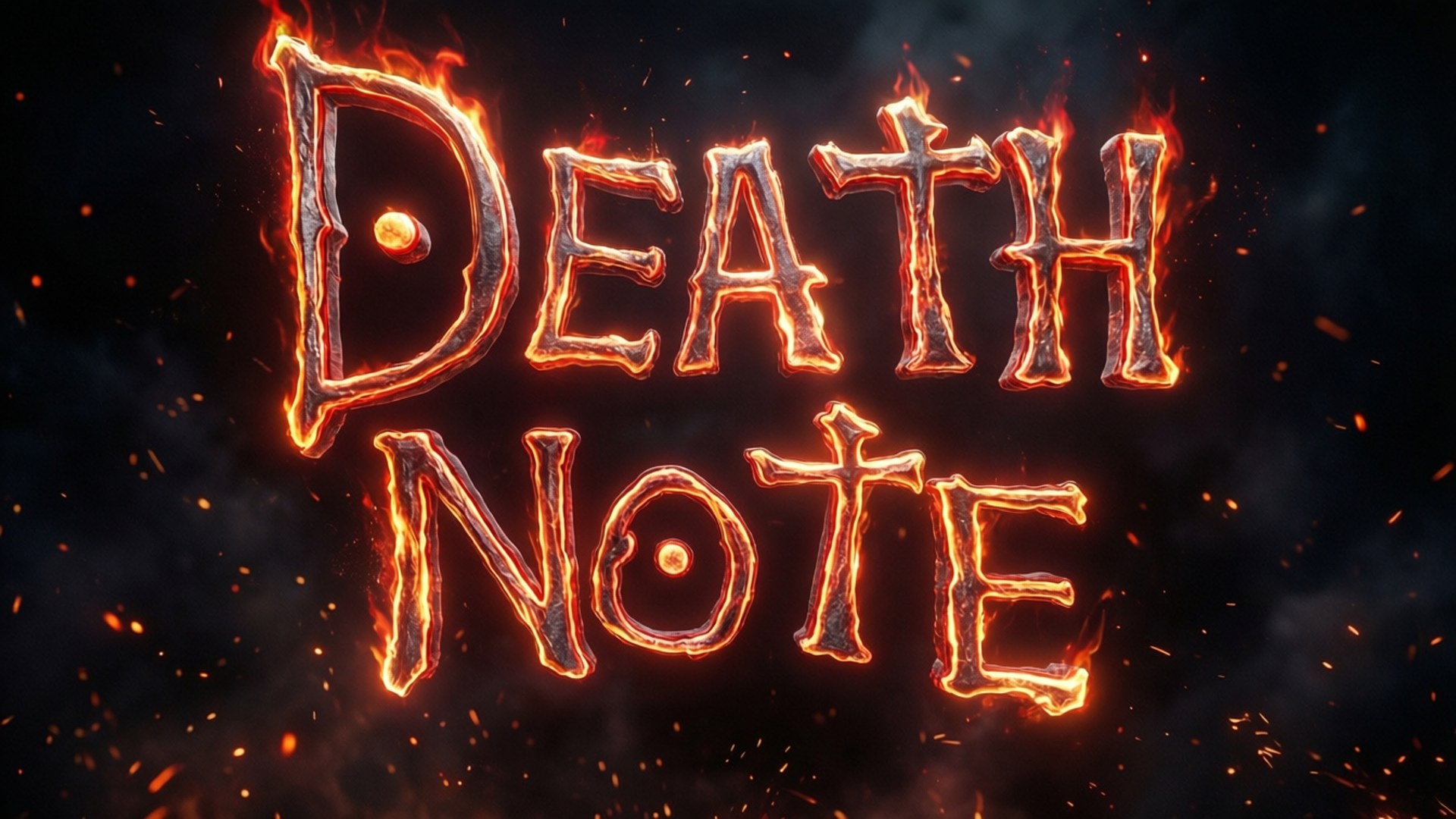 A dramatic 3D Death Note logo glowing in a dark void, with fiery sparks and embers.
