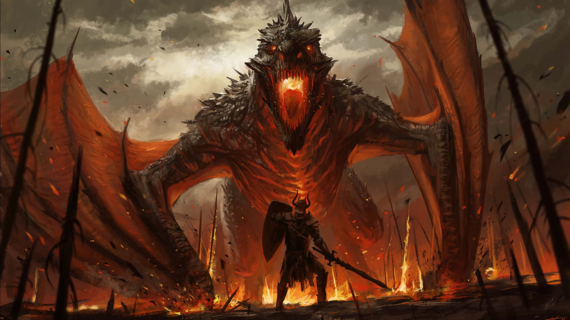 Fiery_ Dragon_and_ Warrior_ Artwork Wallpaper