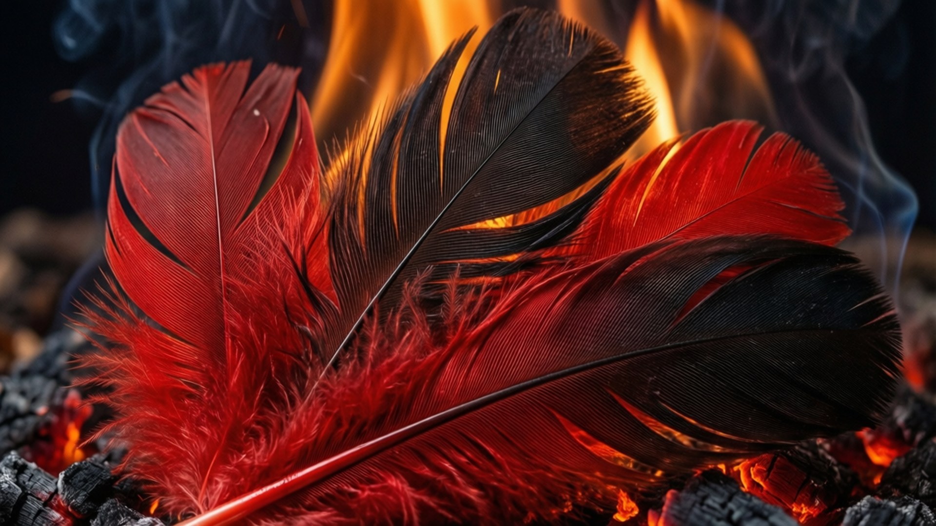 Fiery Feathers Wallpaper — Vibrant red and black feathers rest atop glowing embers as flames dance behind them casting warm light.