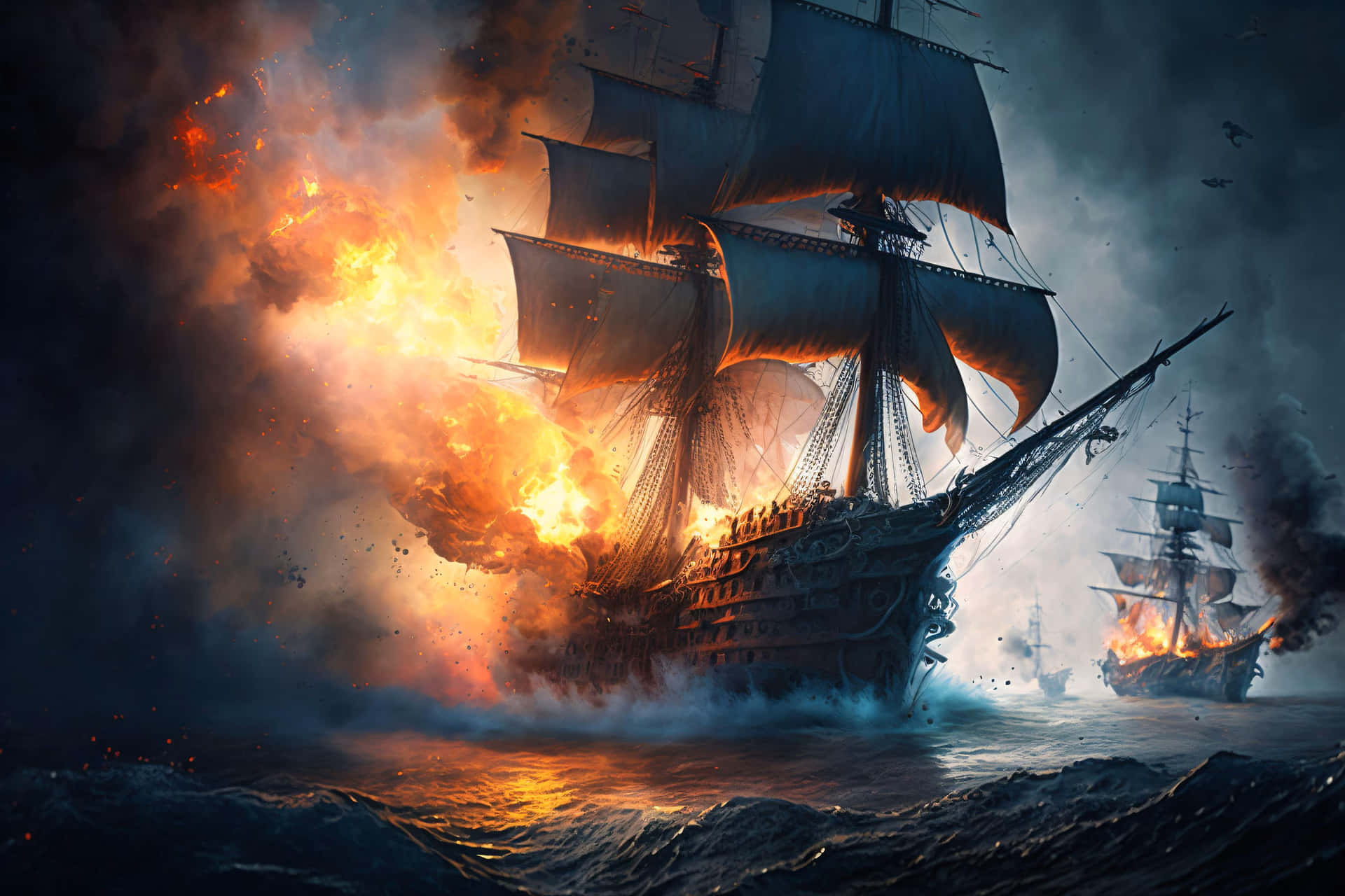 Fiery Naval Battle At Sea Wallpaper