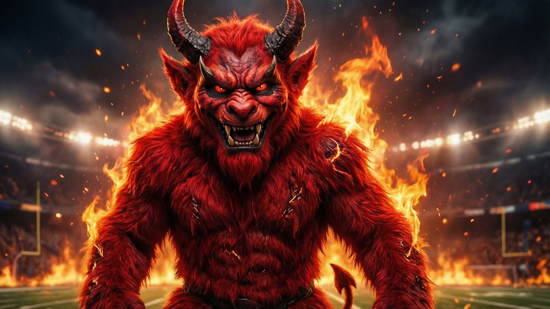 Ildrød Djævel Wallpapers — En vild rød djævlemaskot står på en fodbold med flammende flammer bagved