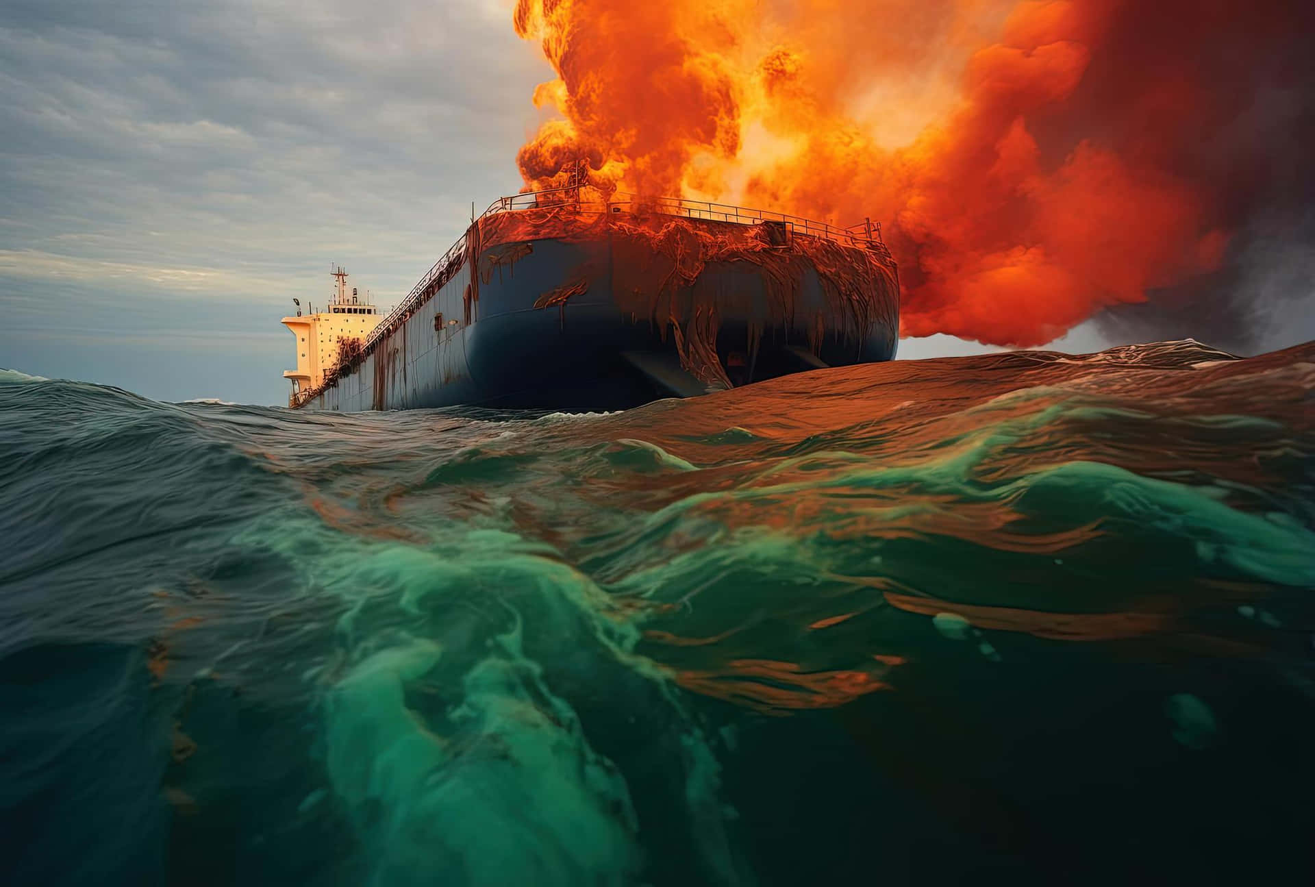 Fiery Ship At Sea.jpg Wallpaper