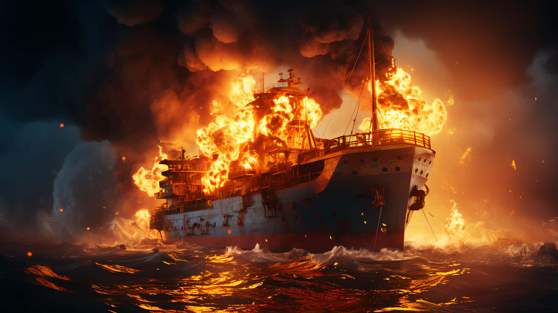Fiery Ship At Sea Wallpaper