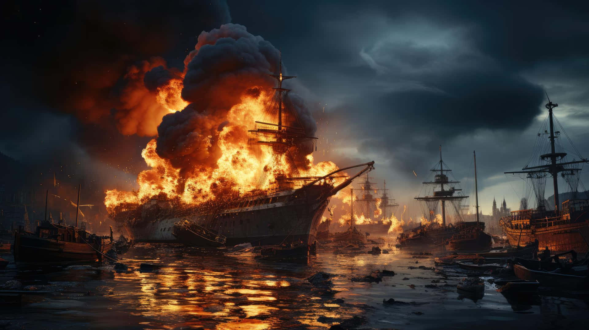 Fiery Ship Harbor Inferno Wallpaper