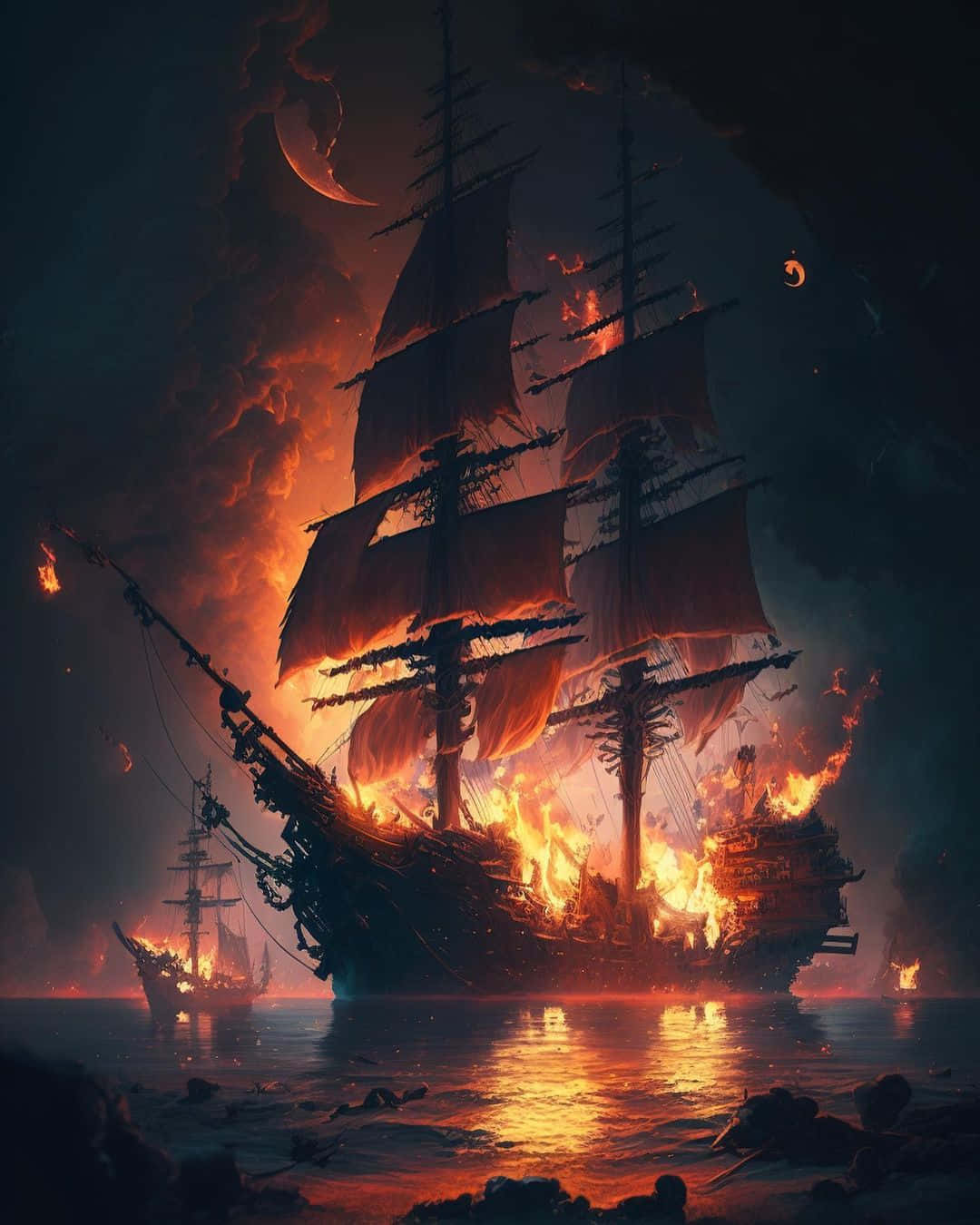 Fiery Shipwreck At Dusk Wallpaper