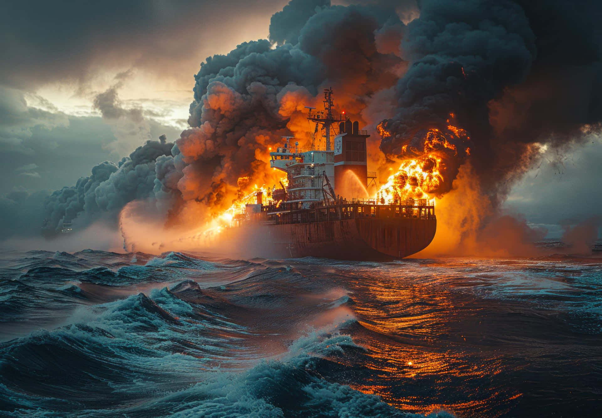 Fiery Shipwreck At Sea Wallpaper