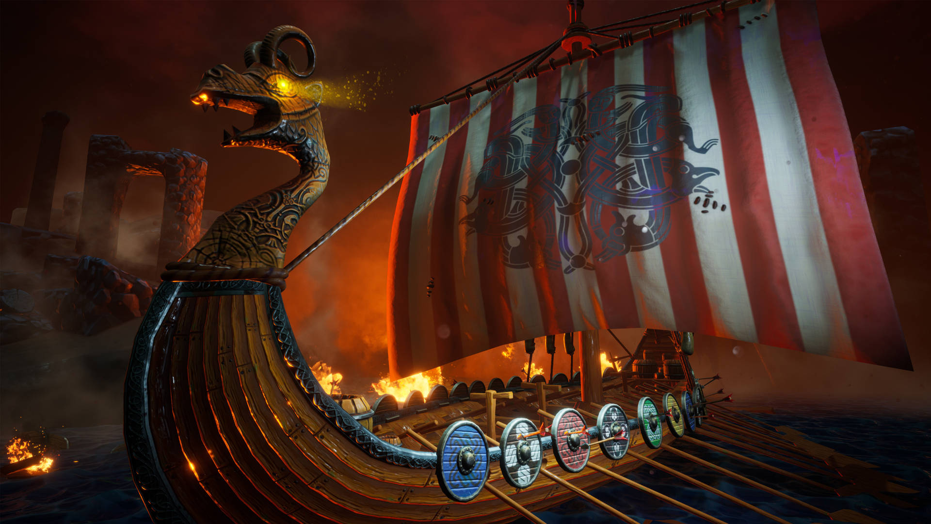 Fiery Viking Ship Art Wallpaper