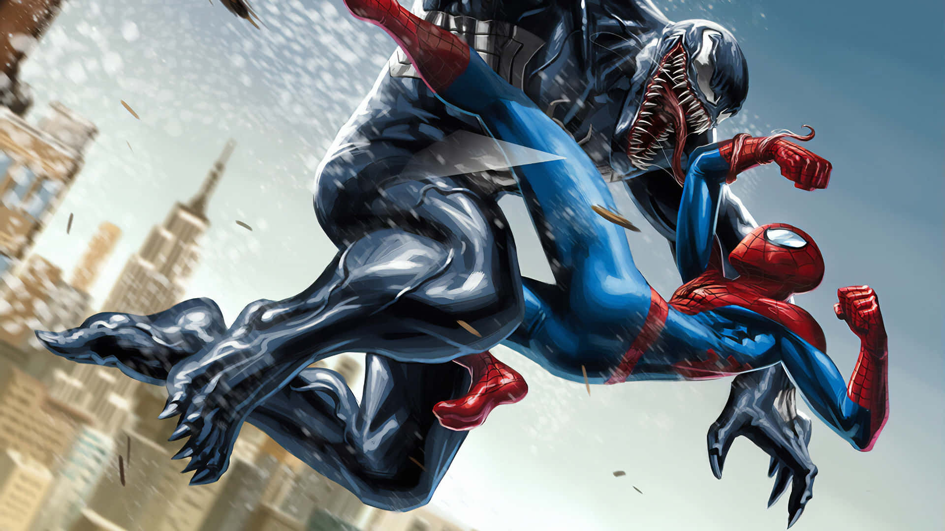 Venom And Spider Man Fighting In The City