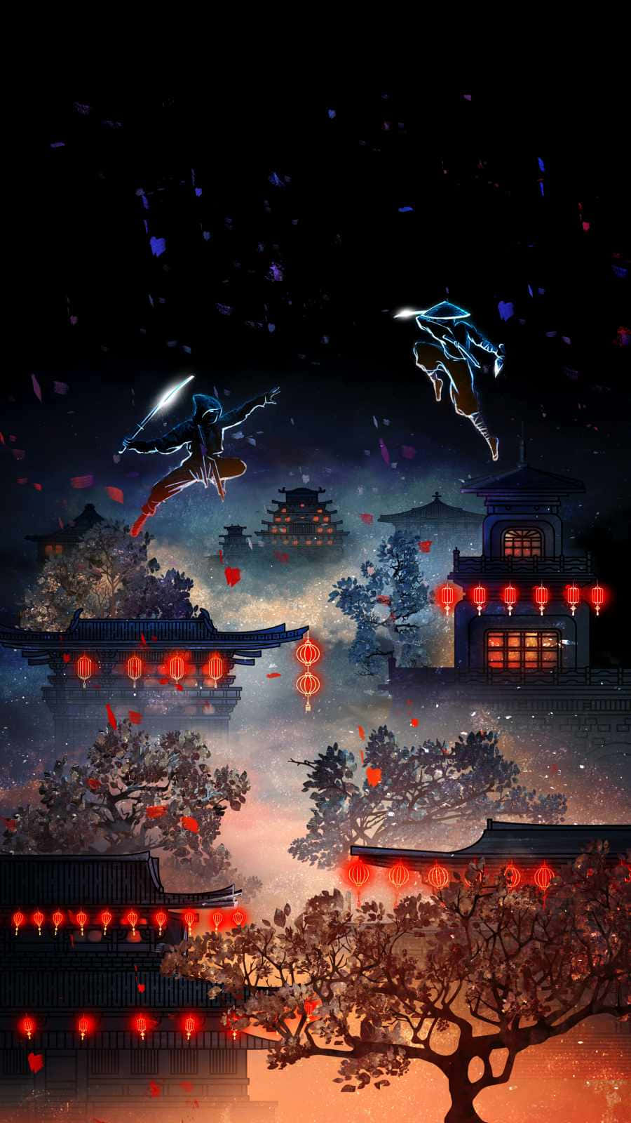 A Samurai Swordsman Flying Over A City With Lanterns