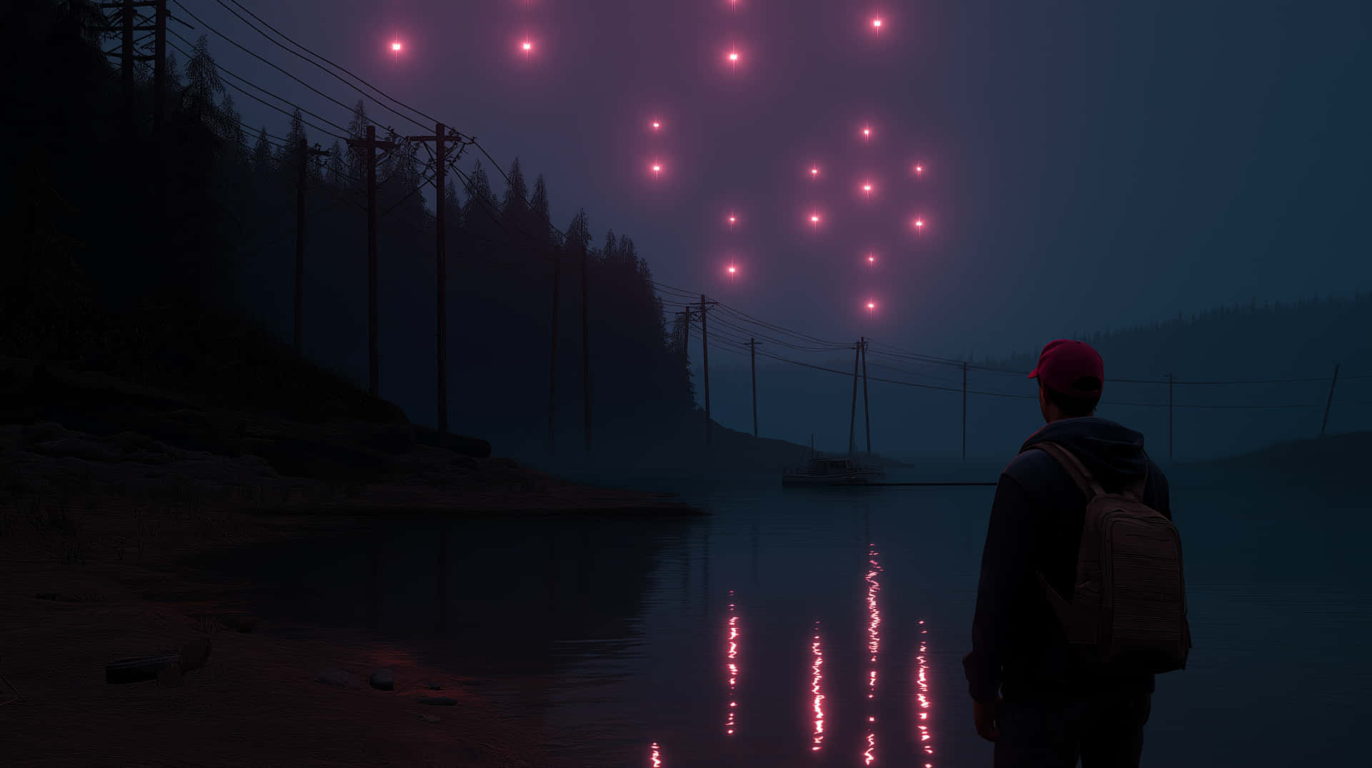 Figure Observing Mysterious Glowing Orbs Over Lake Wallpaper