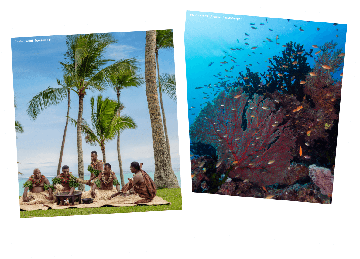 Fijian Cultural Gatheringand Underwater Coral Scenery PNG