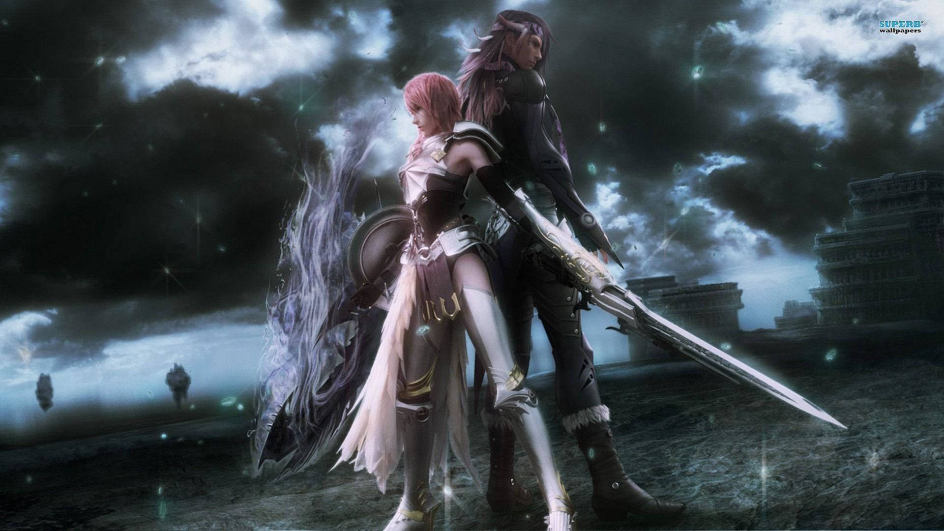 A Couple Of People Standing In The Dark With Swords Wallpaper