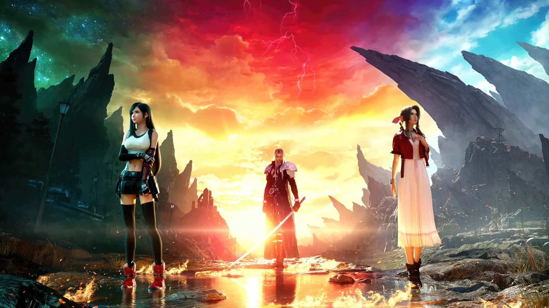Final Fantasy7 Rebirth Characters Epic Backdrop Wallpaper