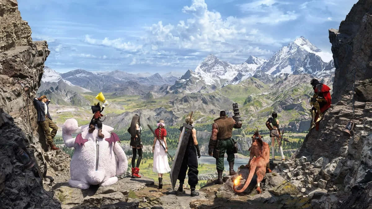 Final Fantasy7 Rebirth Characters Overlooking Mountainous Landscape Wallpaper