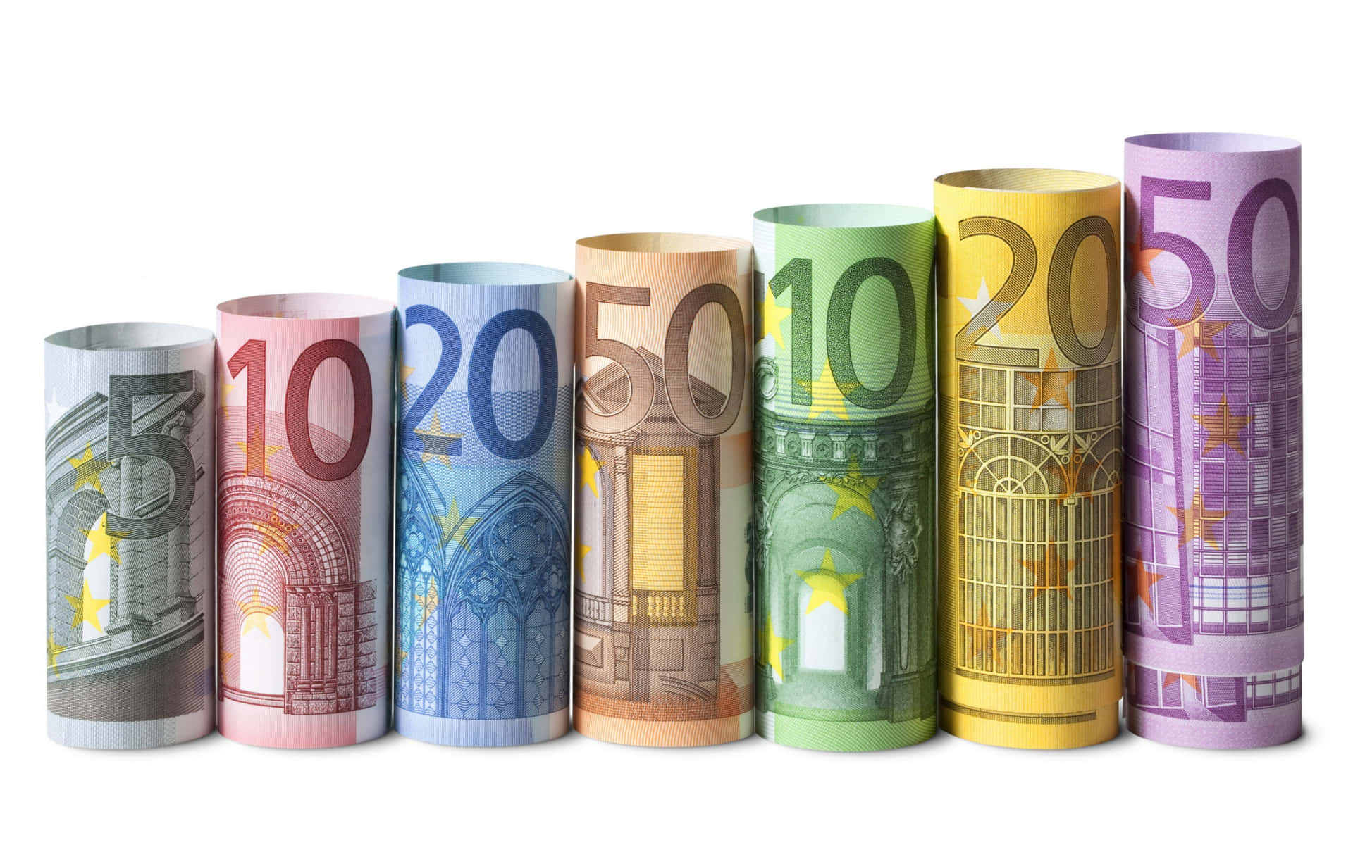 Eurobanknoten In Einer Reihe Auf Einem Weißen Hintergrund.