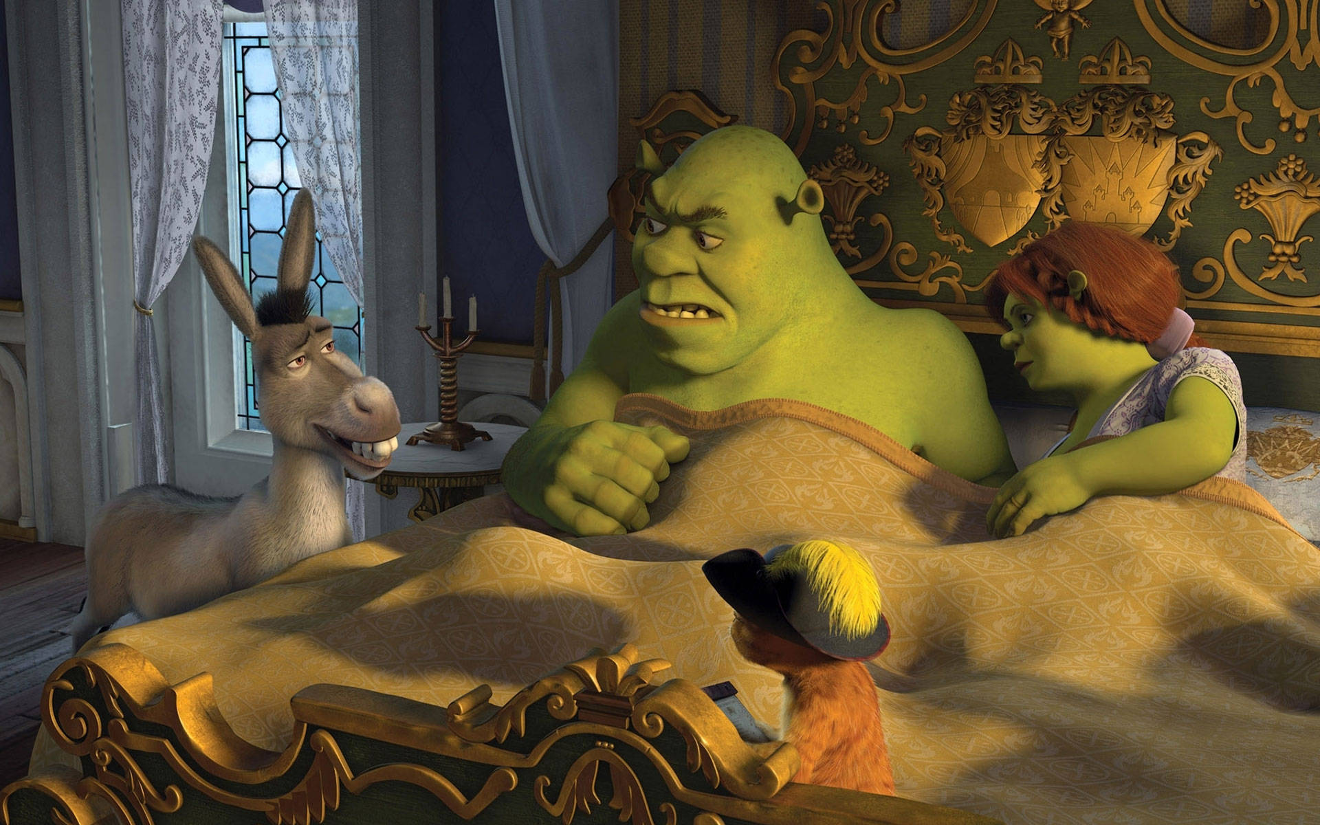 Fiona And Shrek 4k In Bed Wallpaper