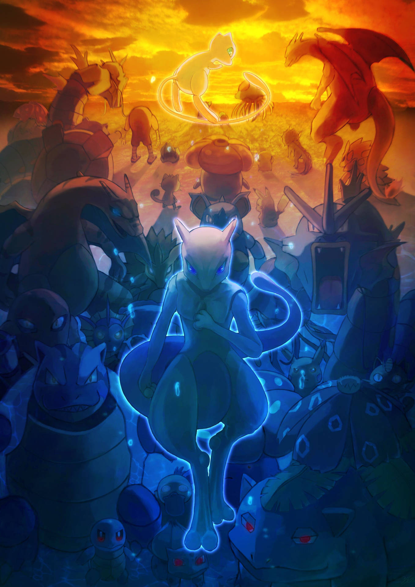 The iconic duality of Fire & Ice - Mewtwo Wallpaper