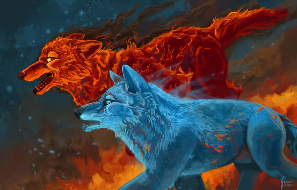 Einmajestätischer Feuer- Und Eiswolf Wallpaper