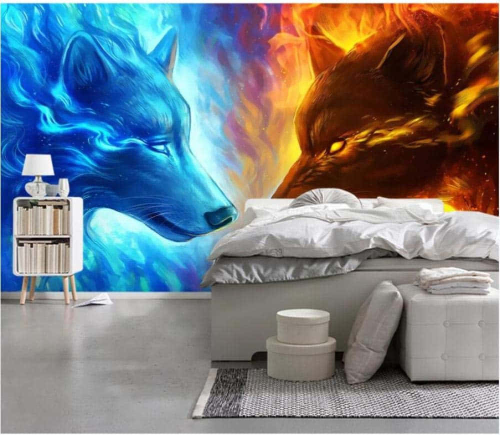 A powerful Fire and Ice Wolf stands proudly against a backdrop of snow and fire. Wallpaper