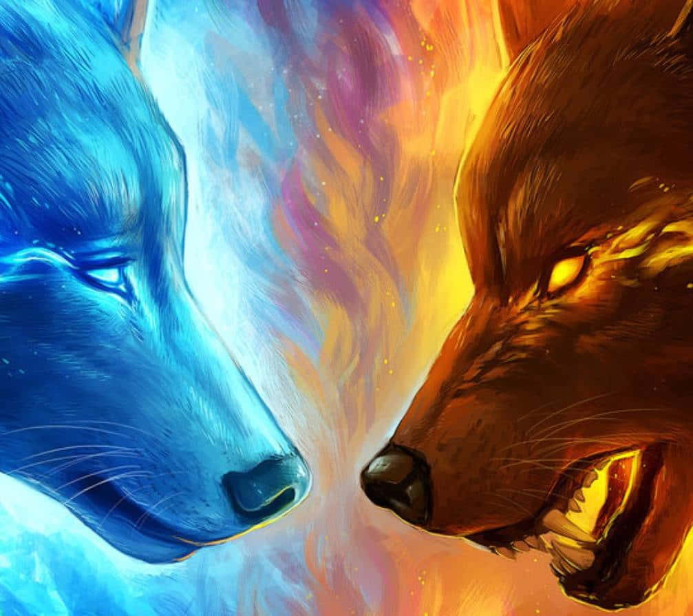 A magnificently majestic wolf stands majestically in the middle of a raging fire and icy winter elements Wallpaper
