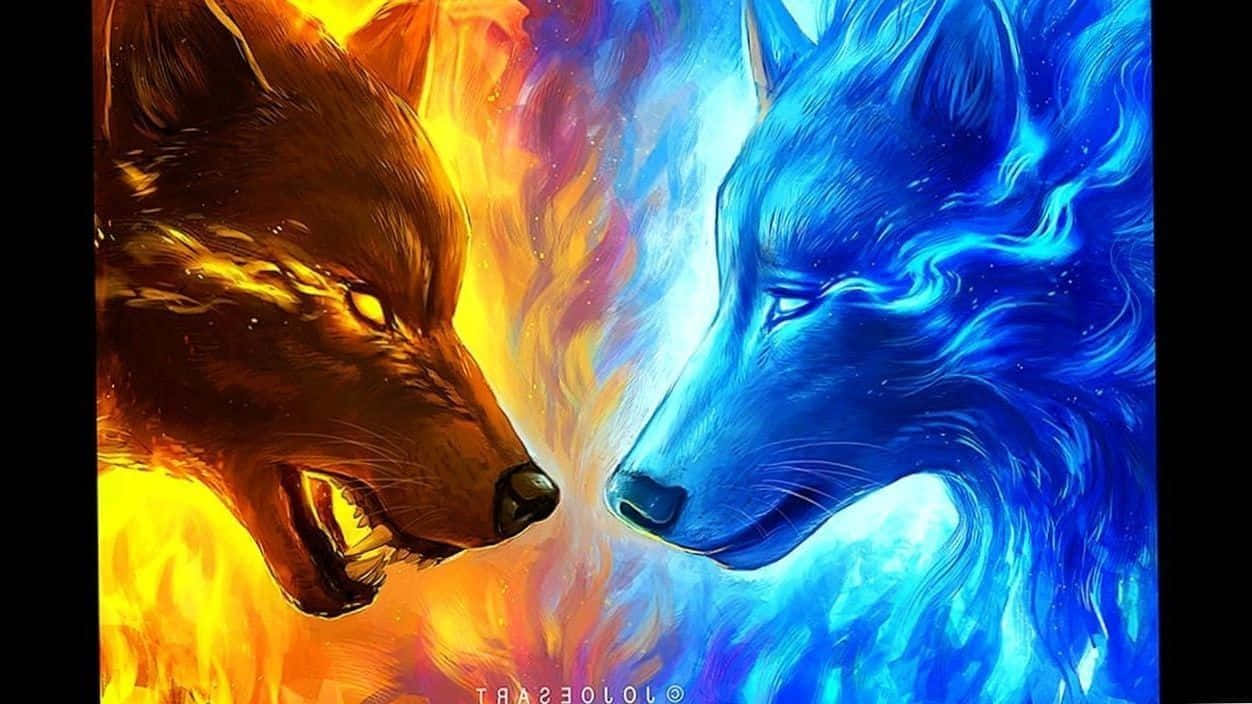 A Powerful Fire and Ice Wolf with Yellow Eyes Wallpaper