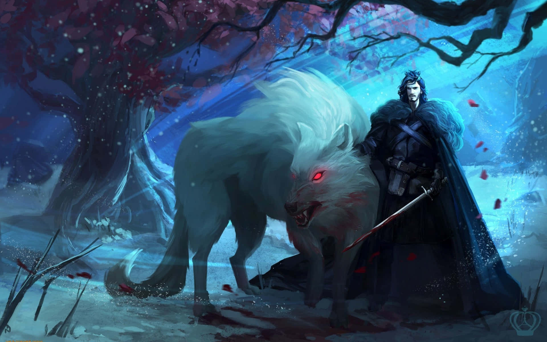 A fierce Fire and Ice Wolf stands valiantly in the snow. Wallpaper