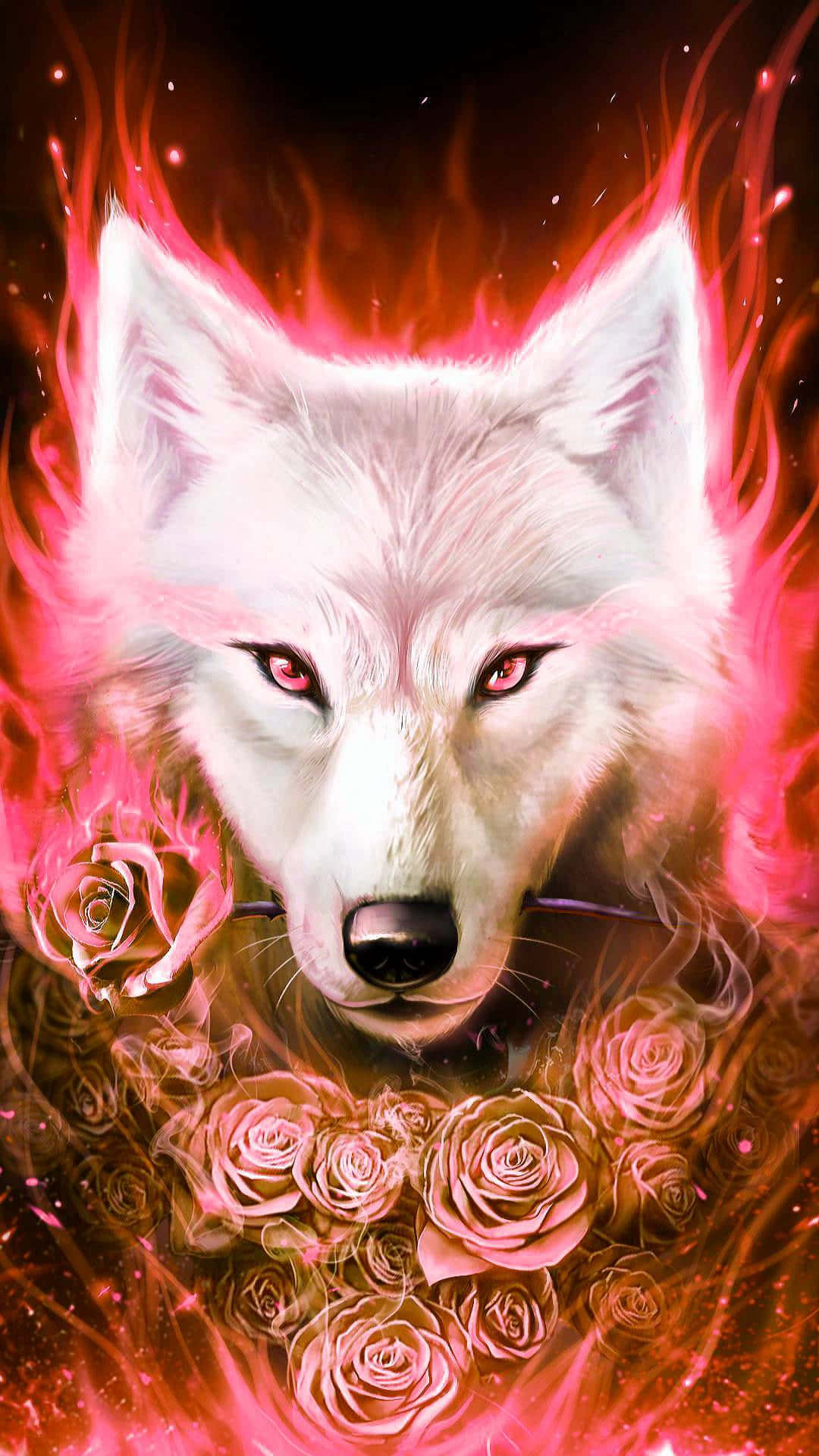A fierce Fire and Ice Wolf stands proud Wallpaper