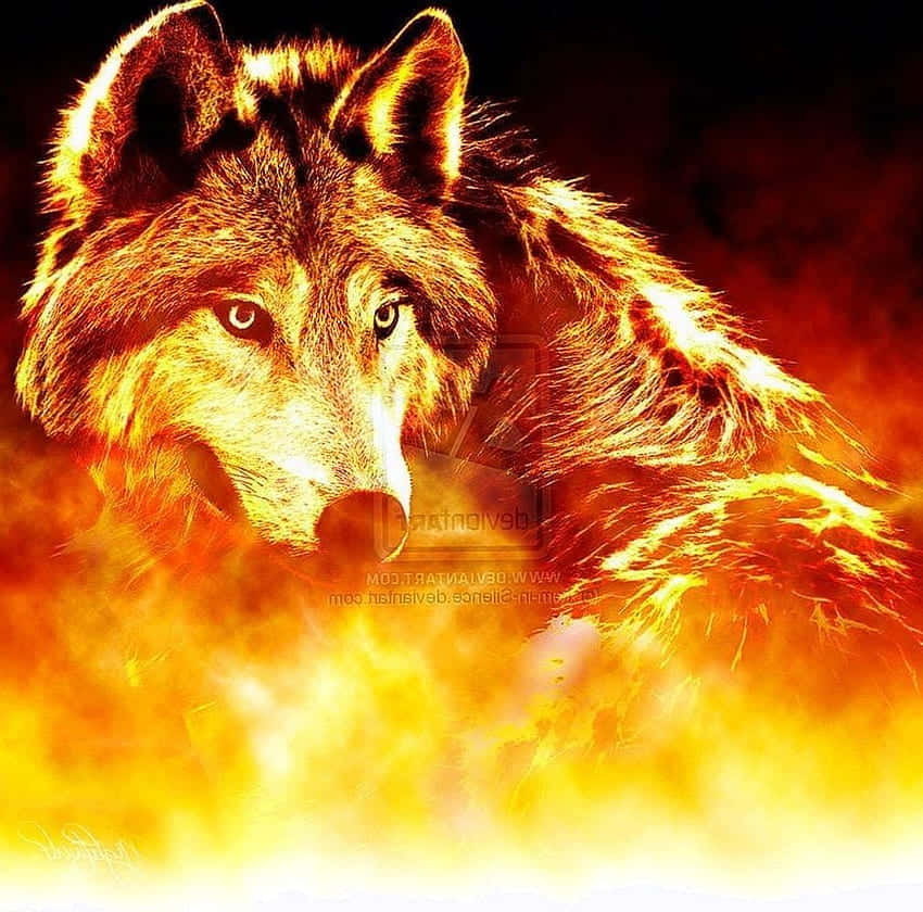 A magnificent fire and ice wolf facing the sunset. Wallpaper