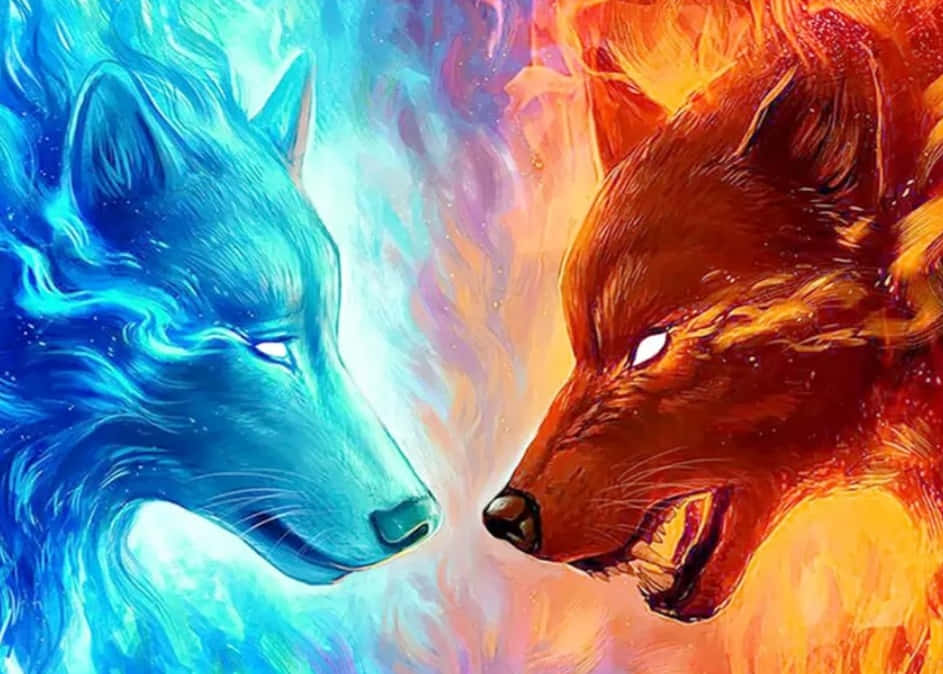A Fire and Ice Wolf Emerges from a Glowing Background Wallpaper