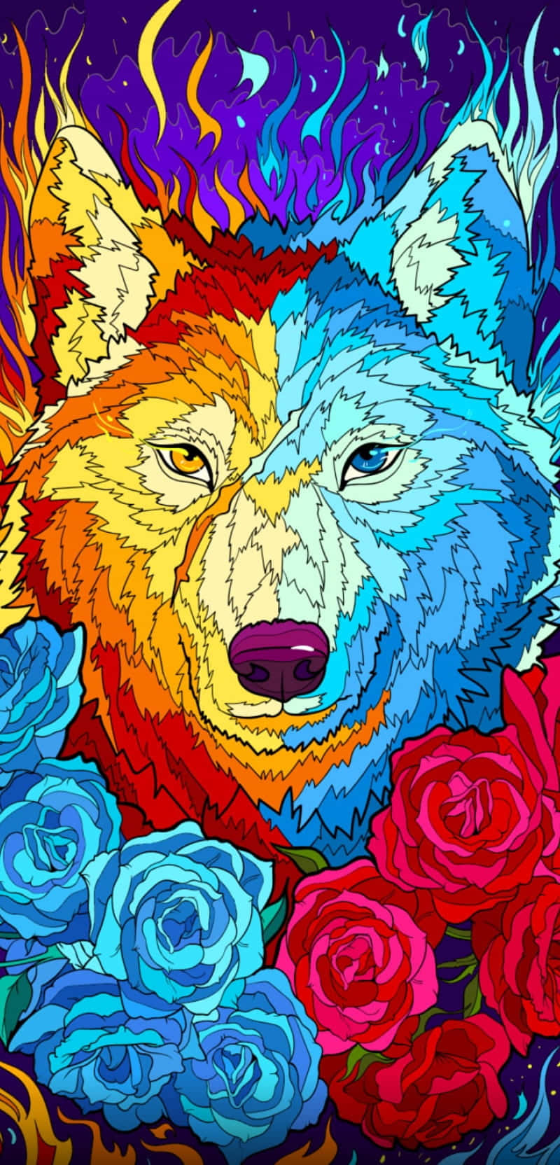 A Colorful Wolf With Roses On His Head Wallpaper