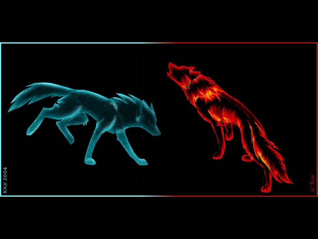 Fire And Ice Wolf Art Wallpaper