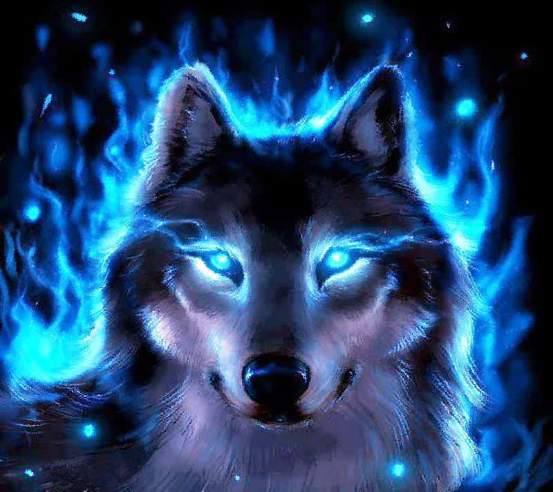An enormous wolf stands triumphant in a blazing field of fire and ice Wallpaper