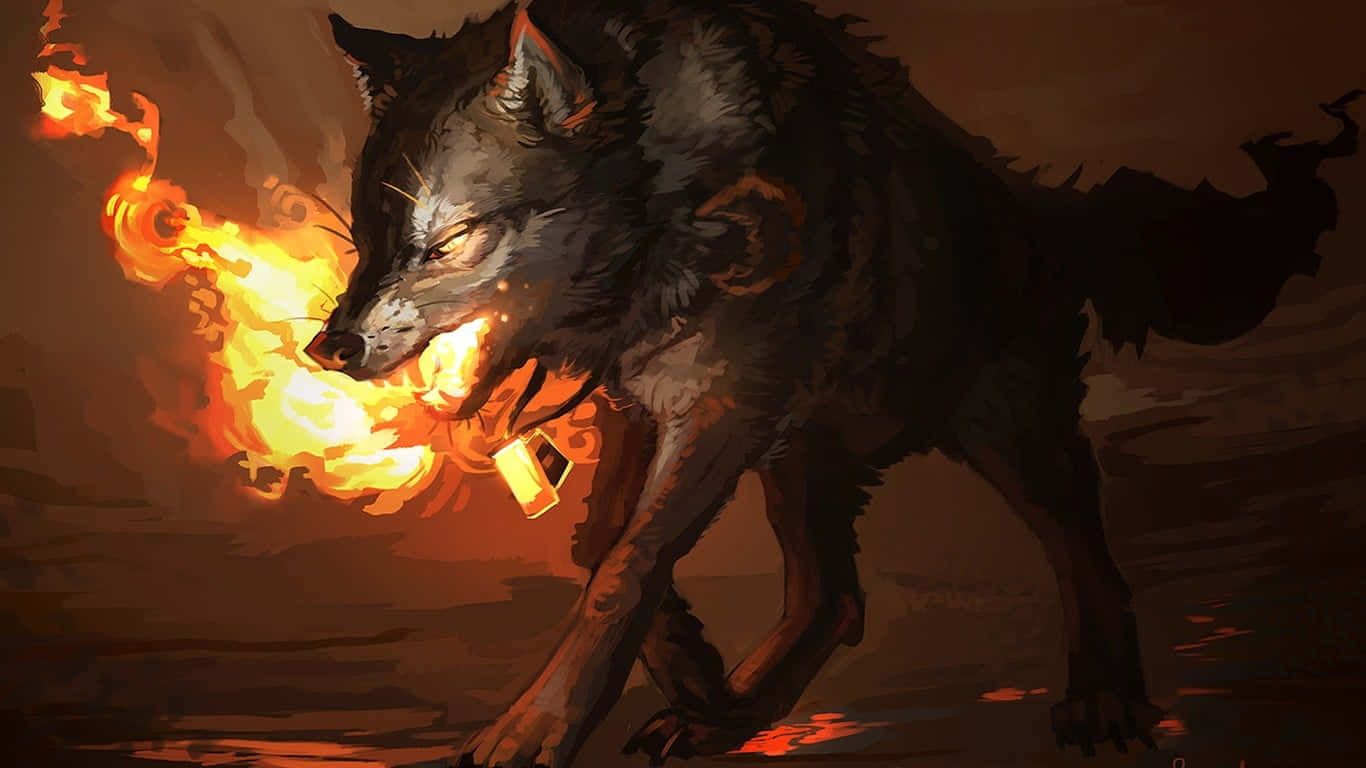 "A fierce and majestic fire and ice wolf stands guard over its icy domain." Wallpaper