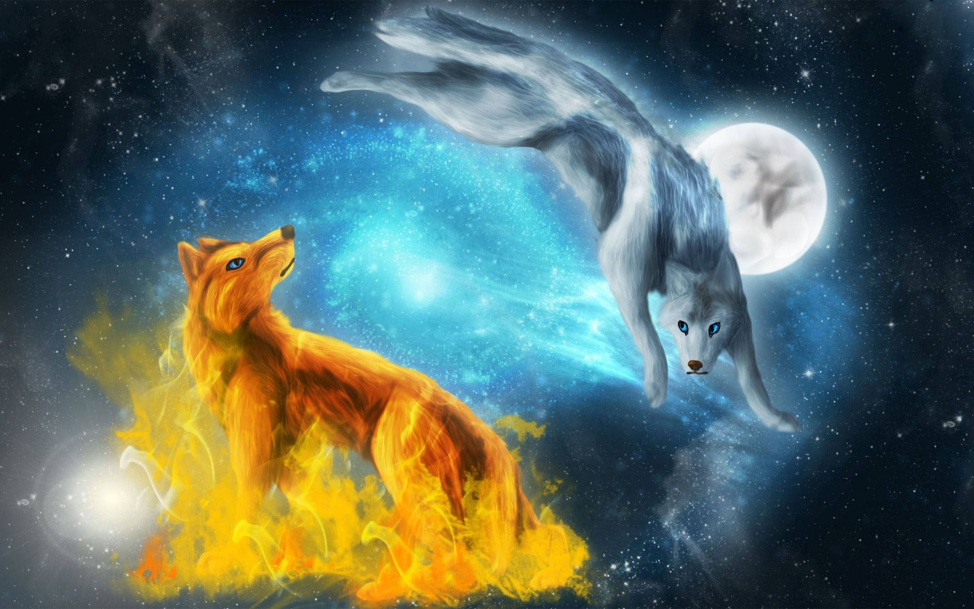 Fire And Water Galaxy Wolves Wallpaper