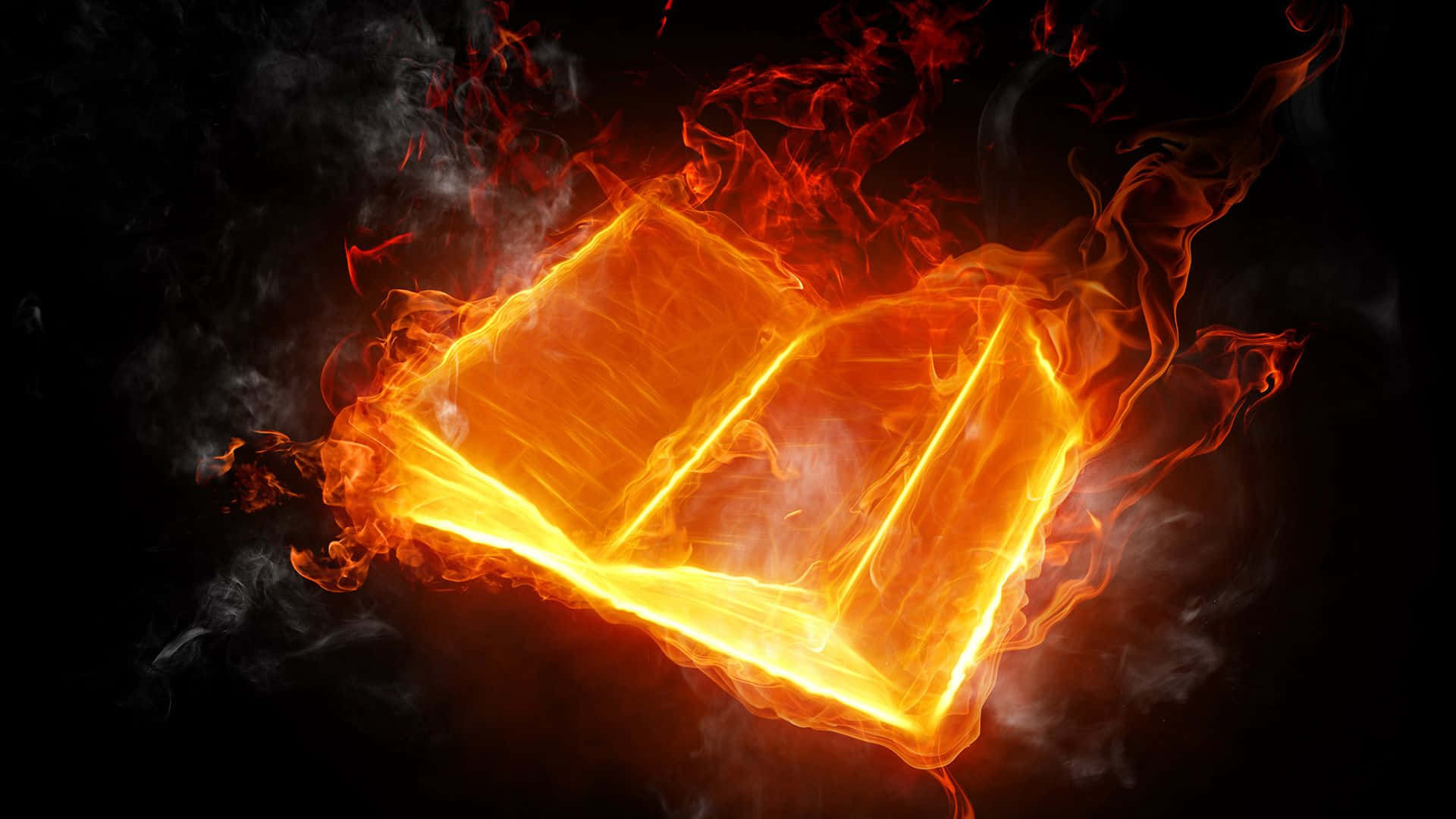 a book with flames on a black background