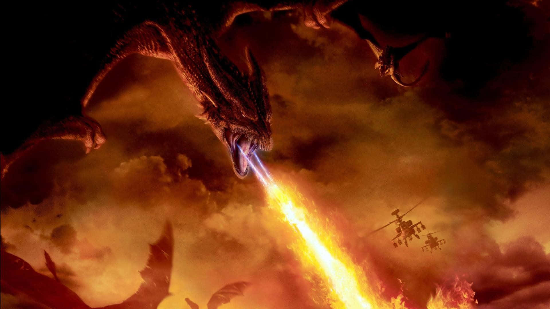 the dragon fires a flame at a man
