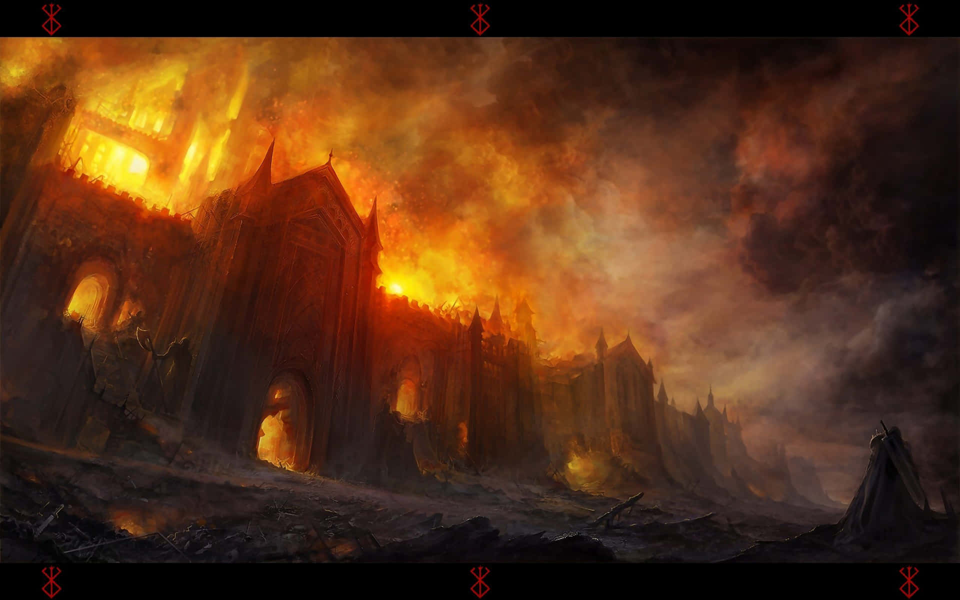 a painting of a castle in flames