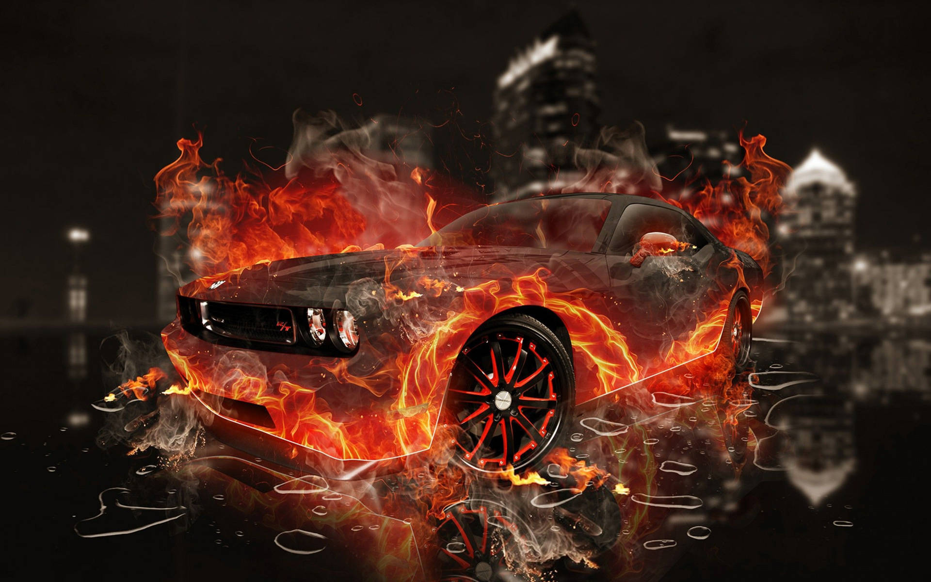 Fire Car In City At Night Wallpaper