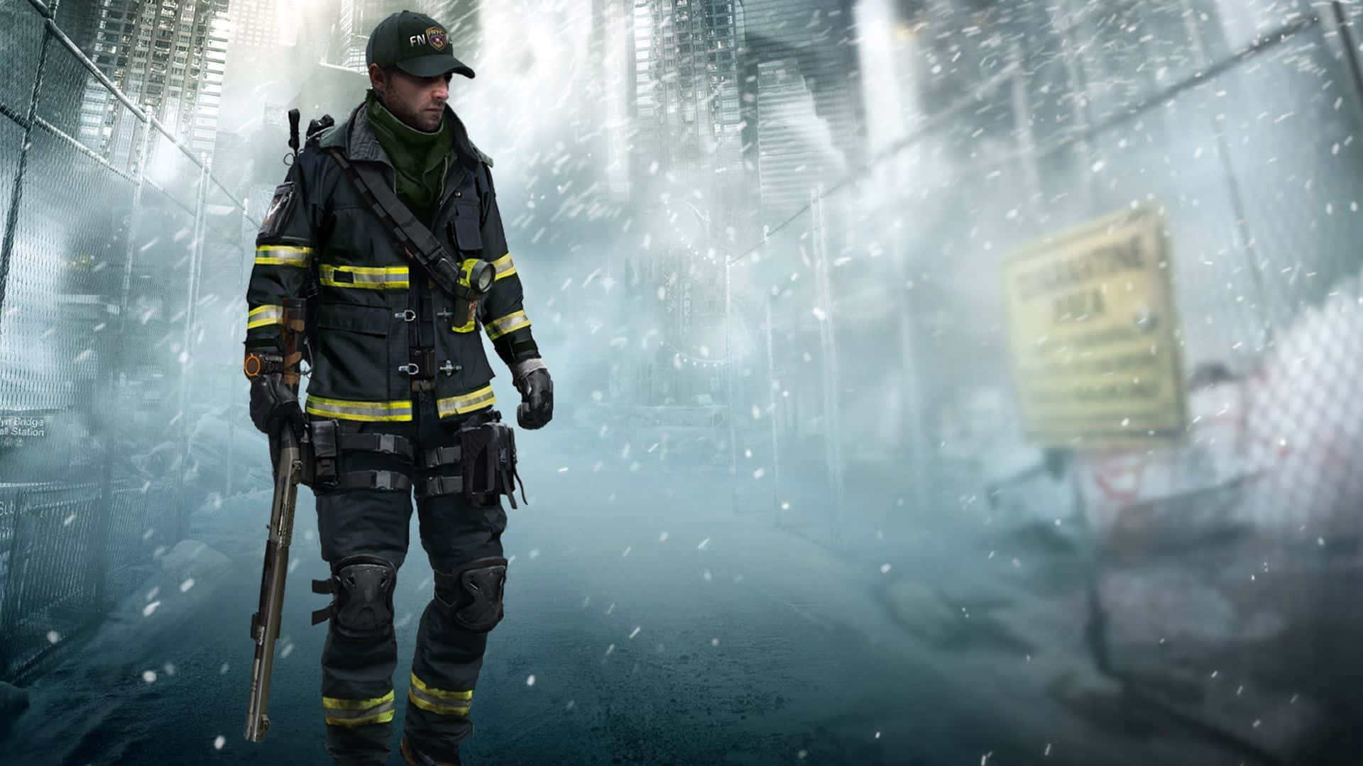 Unbombero En Una Ciudad Con Un Extintor De Incendios Fondo de pantalla