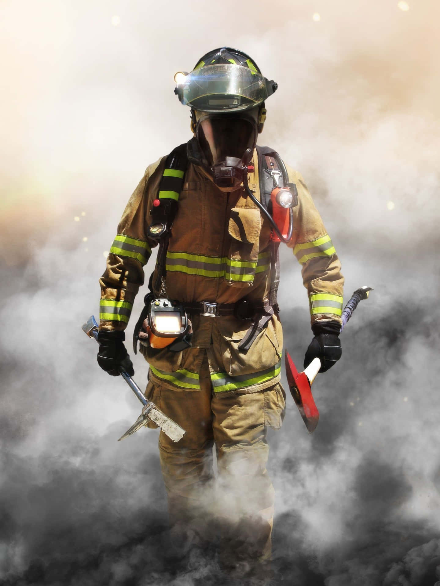 A Firefighter Is Walking Through Smoke Wallpaper