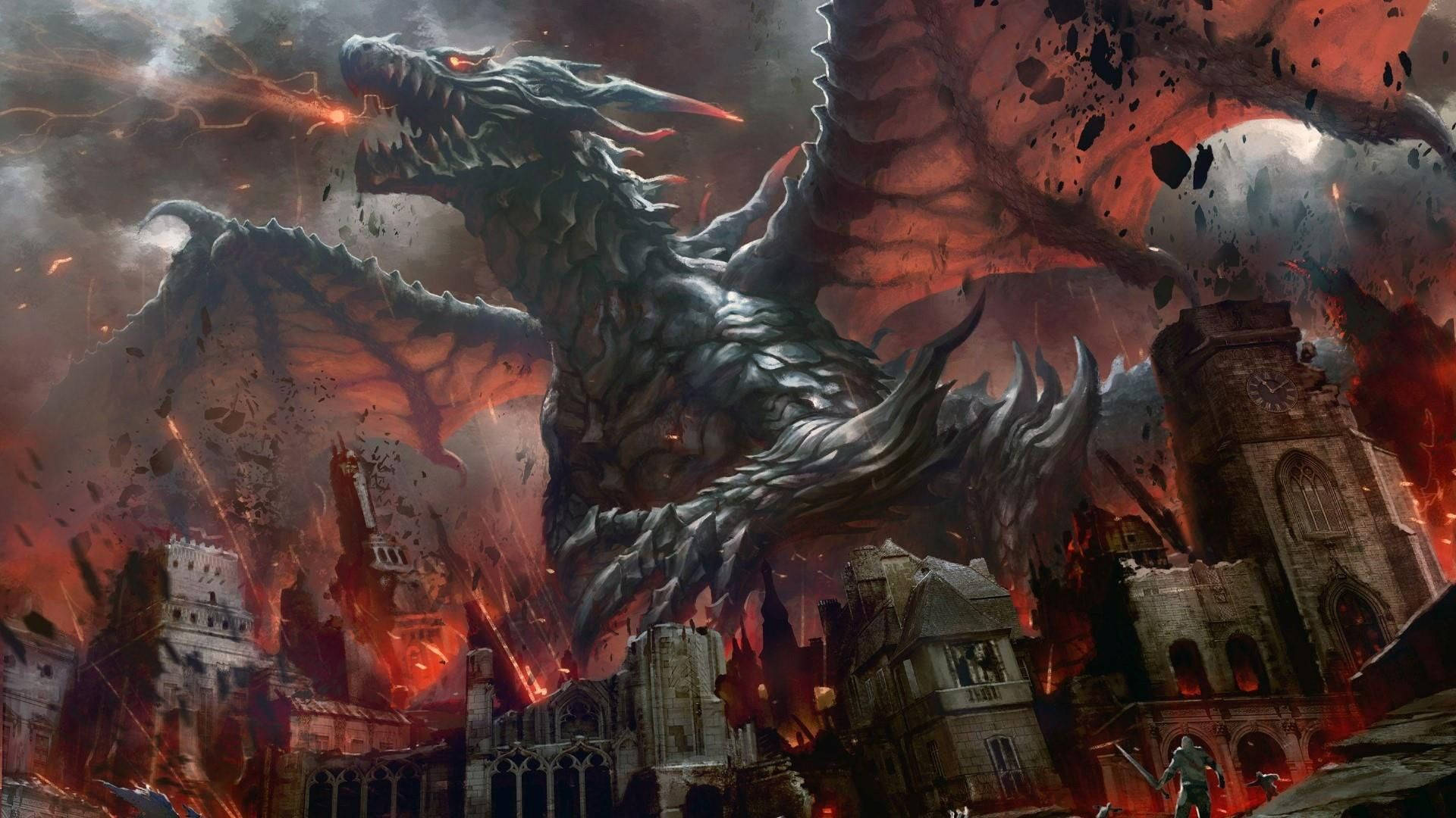 Fire Dragon Destroying City Wallpaper