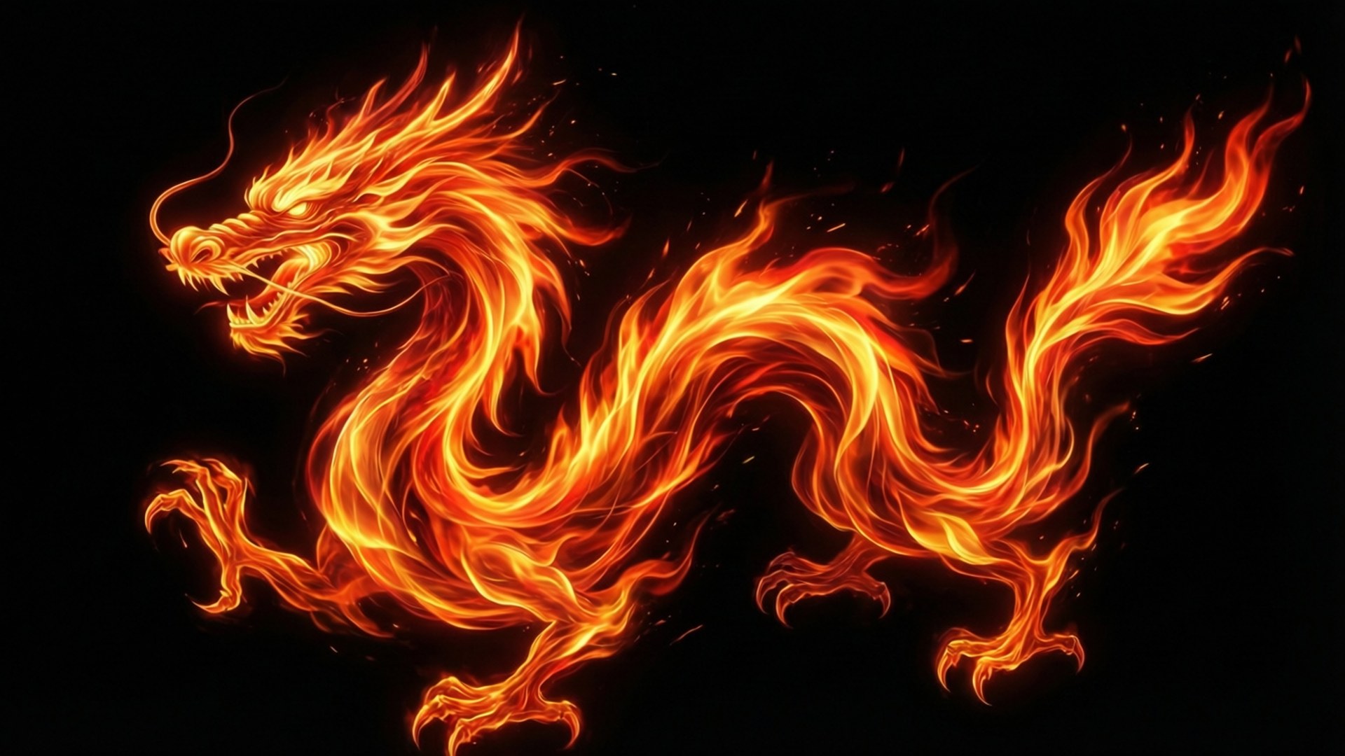 Abstract fire shapes forming a dragon on black background.