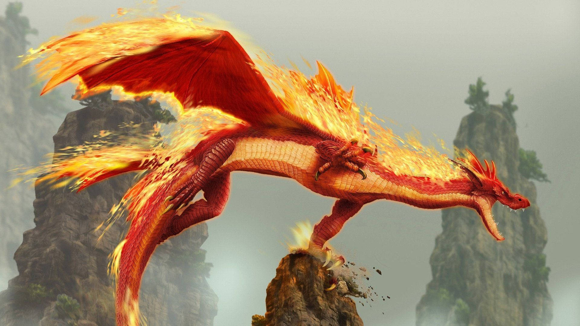 Fire Dragon With Burning Wings Wallpaper